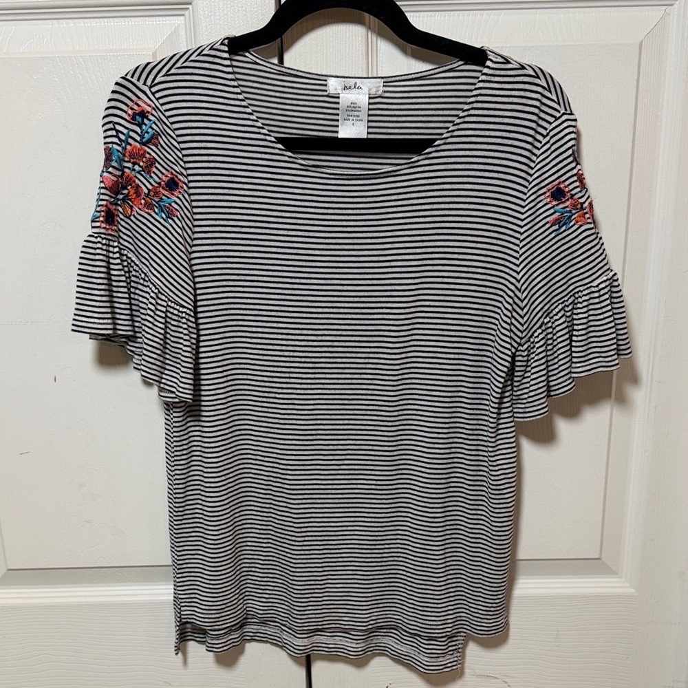 Embroidered Ruffle Sleeve Black & White Stripe Tee. Size Small